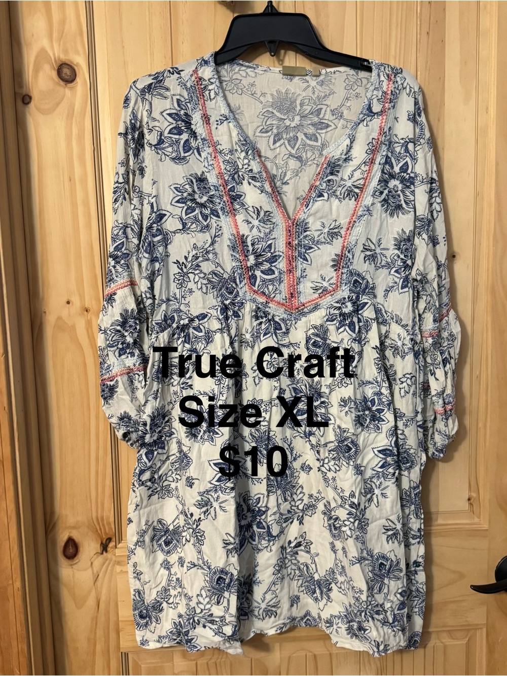 True Craft Cream and Blue Floral V-Neck Tunic with Coral Trim